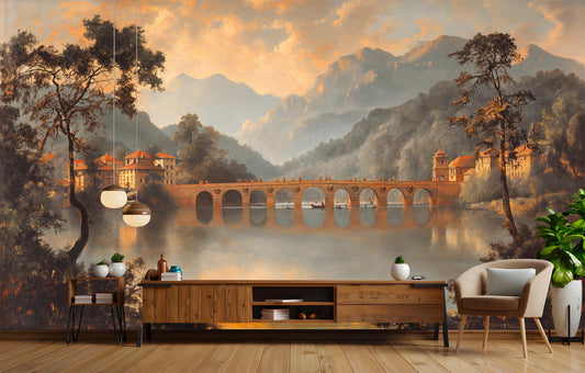 Classic Bridge Over Water Wallpaper – peel and stick wallpaper mural, Golden Era Walls