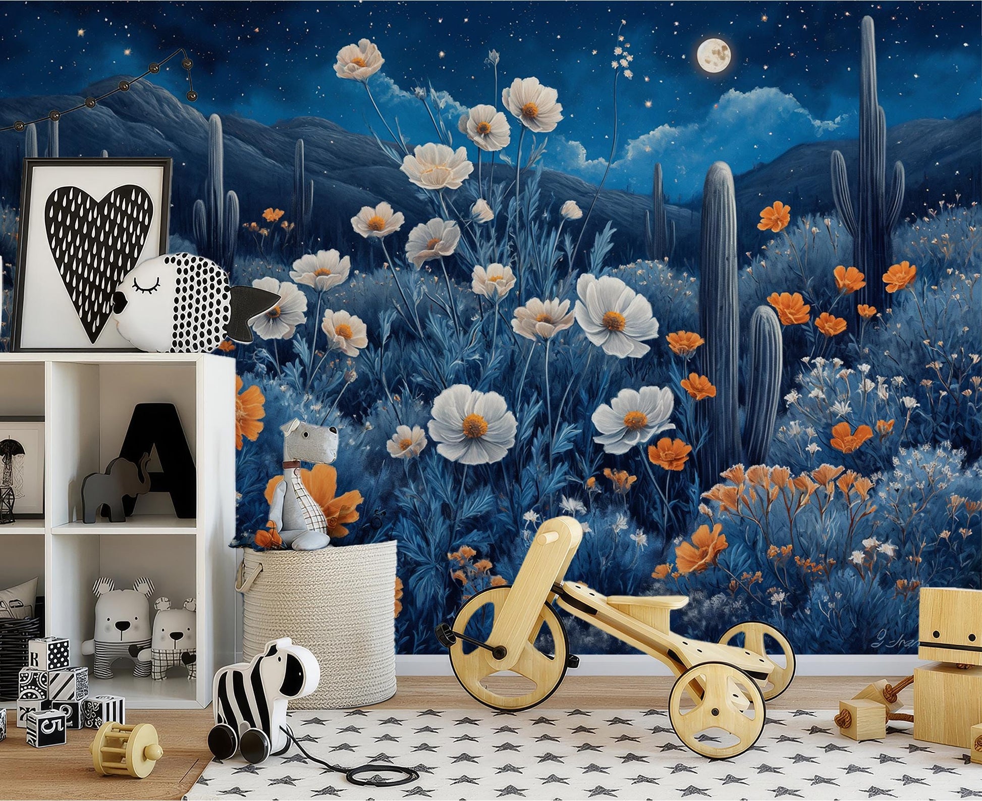 Desert Night Floral Cactus Floral Wallpaper – detail view, Golden Era Walls