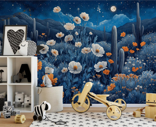 Desert Night Floral Cactus Floral Wallpaper – detail view, Golden Era Walls