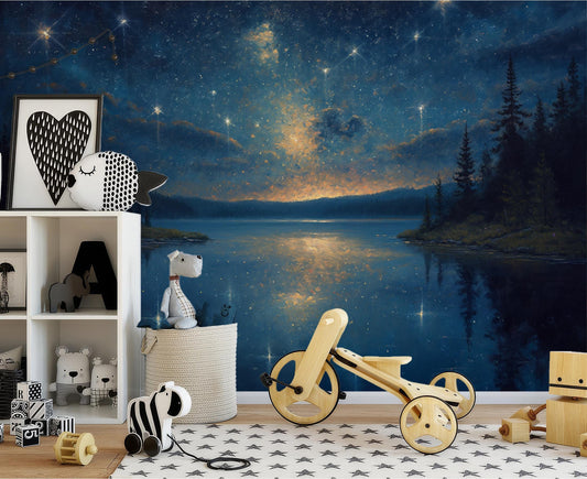 Dreamy Starry Sky Lake Wallpaper – detail view, Golden Era Walls