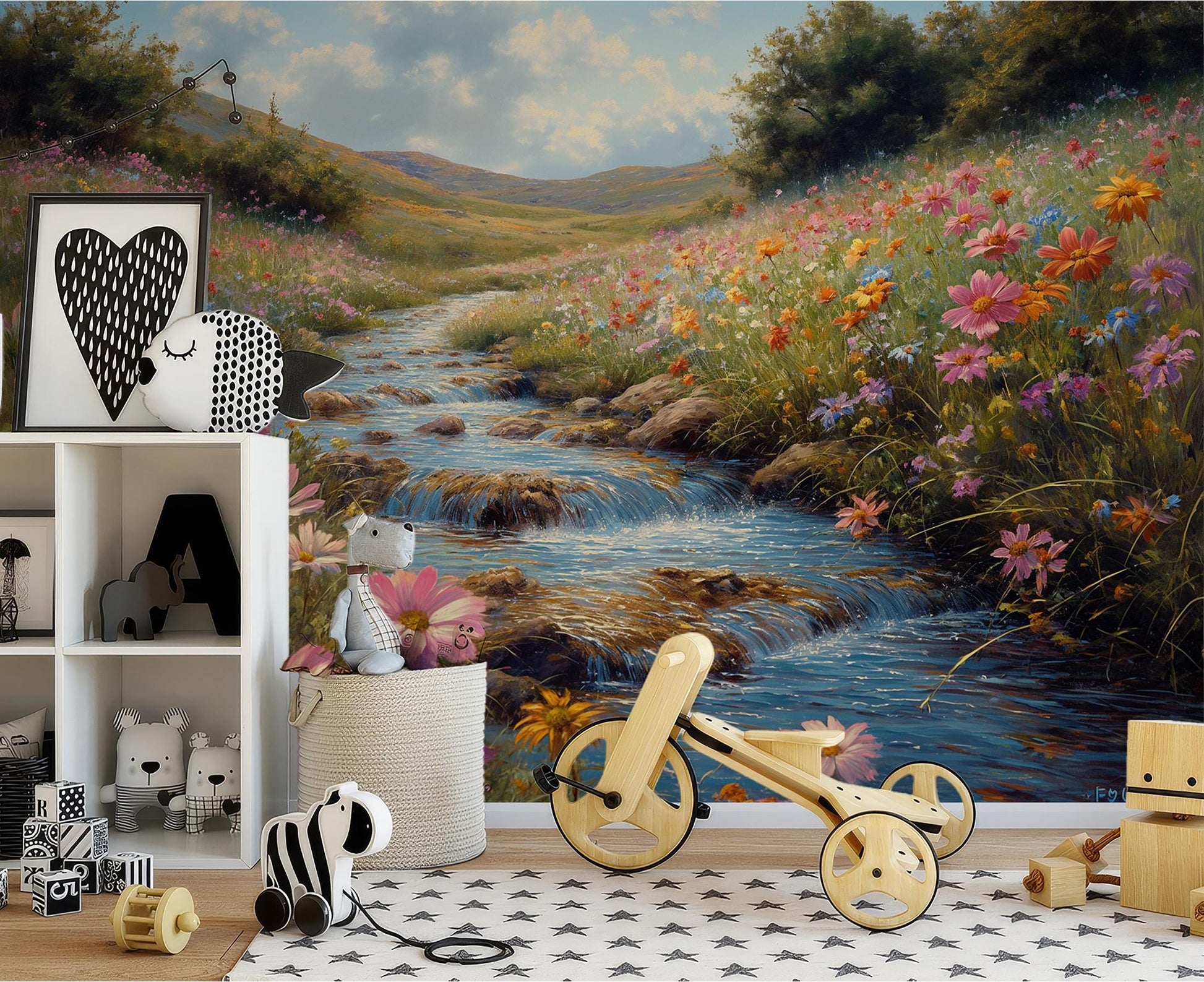 Floral Meadow Stream at Floral Wallpaper – peel and stick wallpaper mural, Golden Era Walls