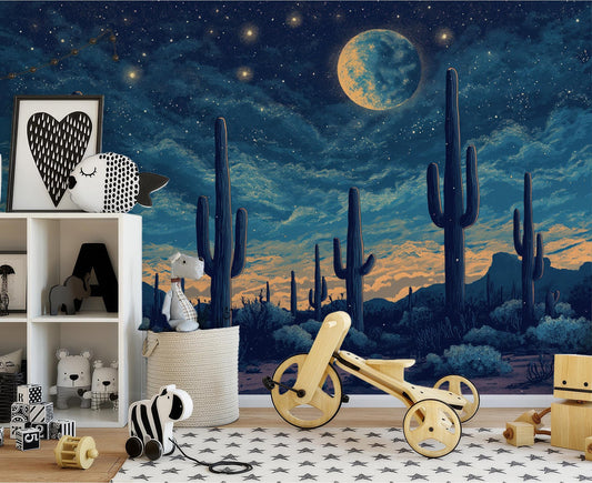 Full Moon Desert Cactus Wallpaper – lifestyle view, Golden Era Walls