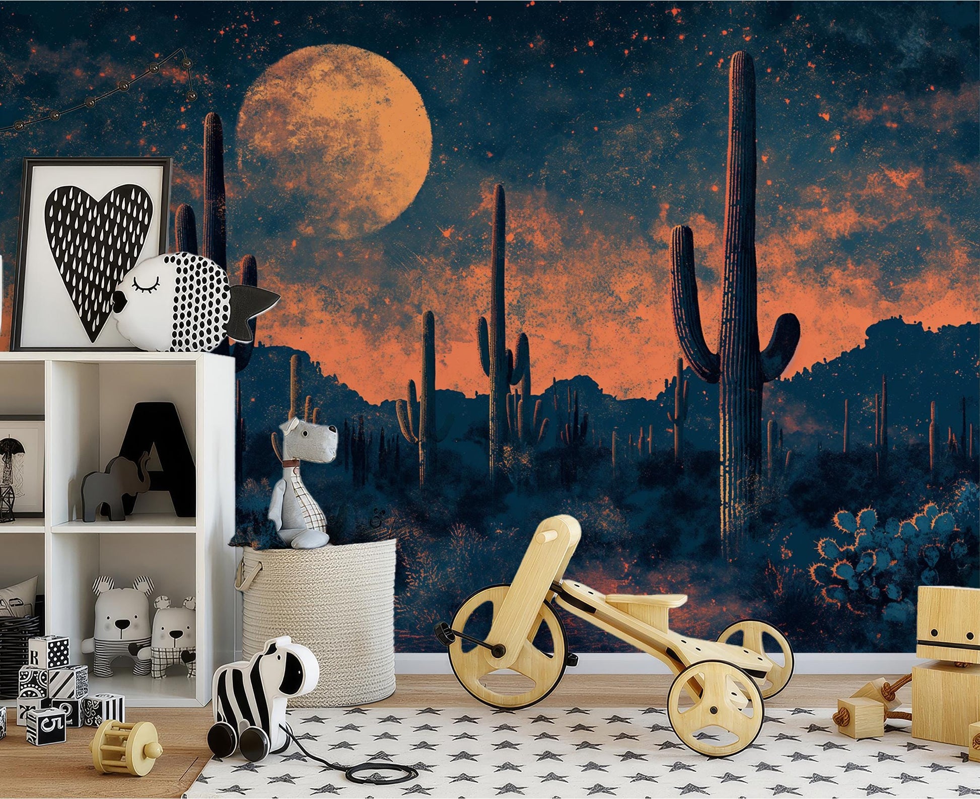 Full Moon Desert Cactus Wallpaper – lifestyle view, Golden Era Walls
