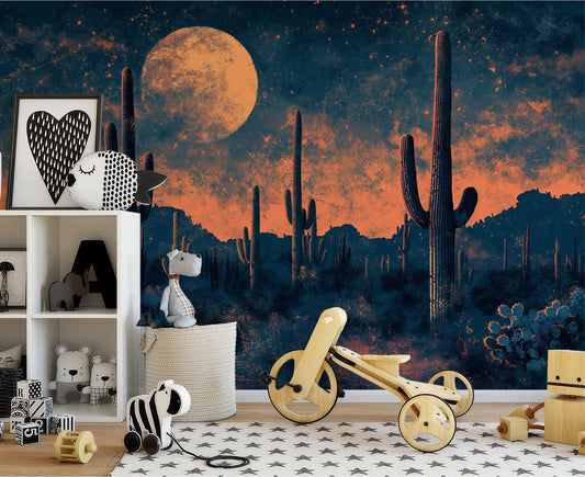 Full Moon Desert Cactus Wallpaper – lifestyle view, Golden Era Walls