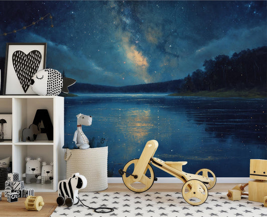 Galaxy Night Lake Non Wallpaper – room setting, Golden Era Walls