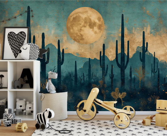 Golden Saguaro Cactus Moonlit Wallpaper – peel and stick wallpaper mural, Golden Era Walls
