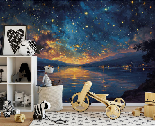 Golden Sunset Over Lake Wallpaper – room setting, Golden Era Walls