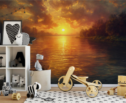Golden Sunset River Serene Wallpaper – detail view, Golden Era Walls