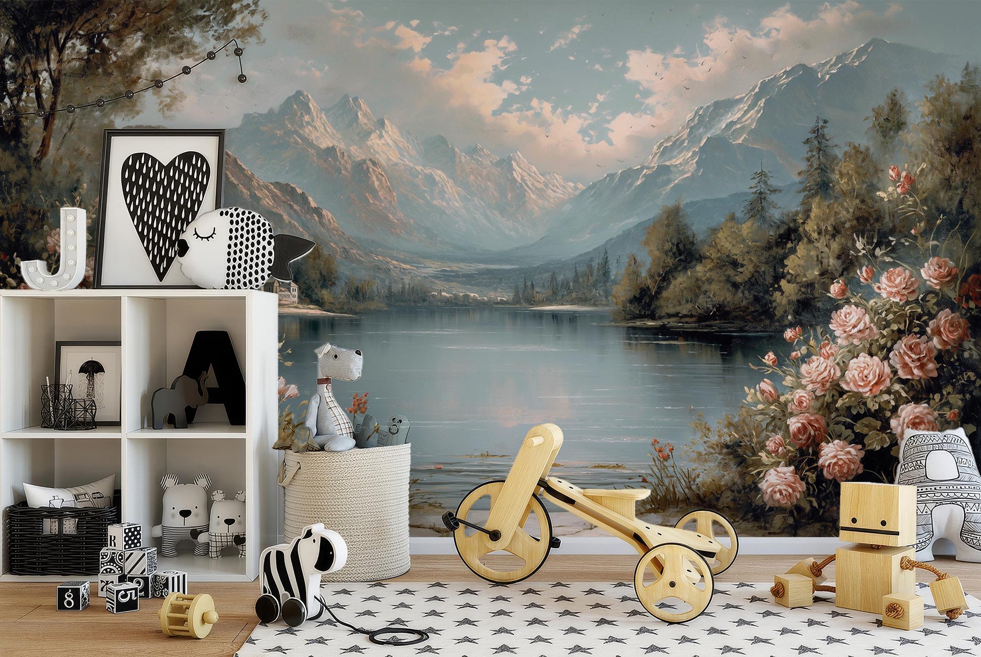 Lush Mountain Lake Rose Floral Wallpaper – detail view, Golden Era Walls