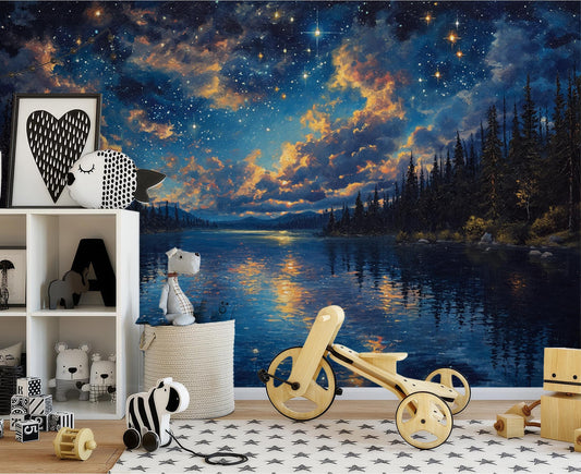 Magical Starry Sky Forest Wallpaper – room setting, Golden Era Walls