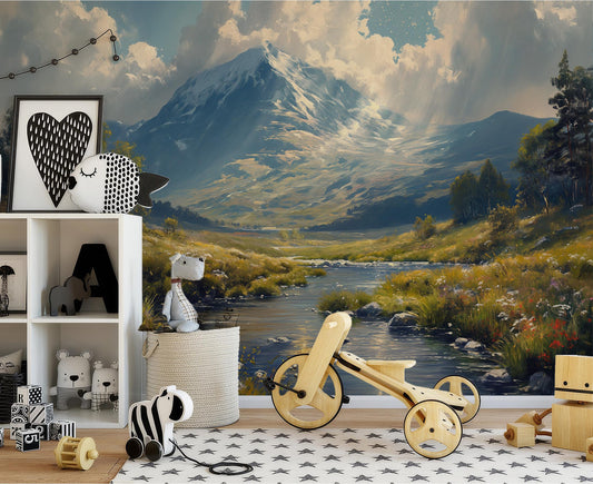 Majestic Mountain River Non Wallpaper – peel and stick wallpaper mural, Golden Era Walls