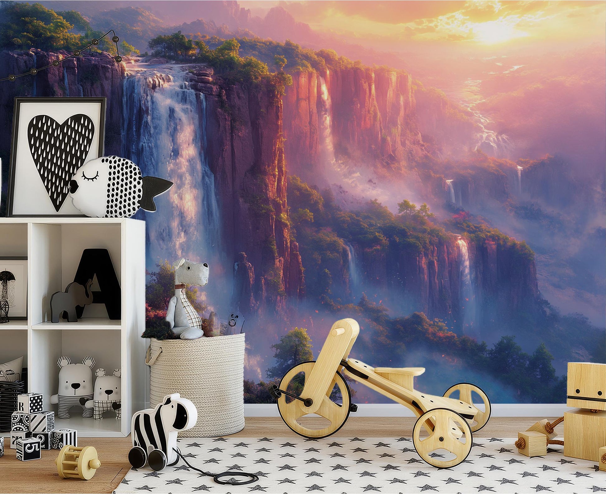 Misty Mountain Waterfall Non Coastal Wallpaper – detail view, Golden Era Walls