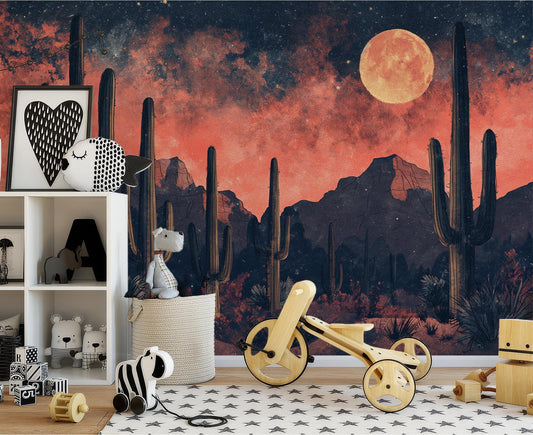 Moonlit Cactus Desert Featuring Wallpaper – detail view, Golden Era Walls
