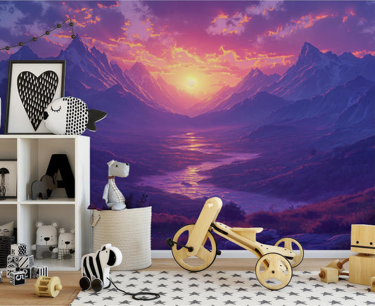 Mountain Sunset Vibrant Landscape Wallpaper – detail view, Golden Era Walls