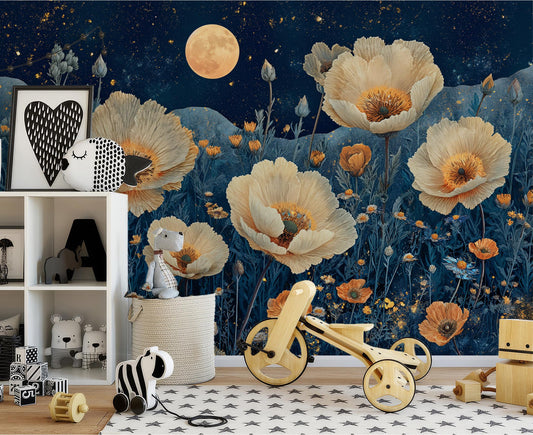 Night Bloom Desert Flowers Floral Wallpaper – detail view, Golden Era Walls