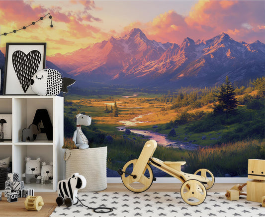 Panoramic Mountain Sunset Majestic Wallpaper – peel and stick wallpaper mural, Golden Era Walls