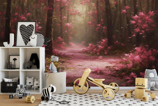 Pink Forest Blooming Flower Floral Wallpaper – detail view, Golden Era Walls