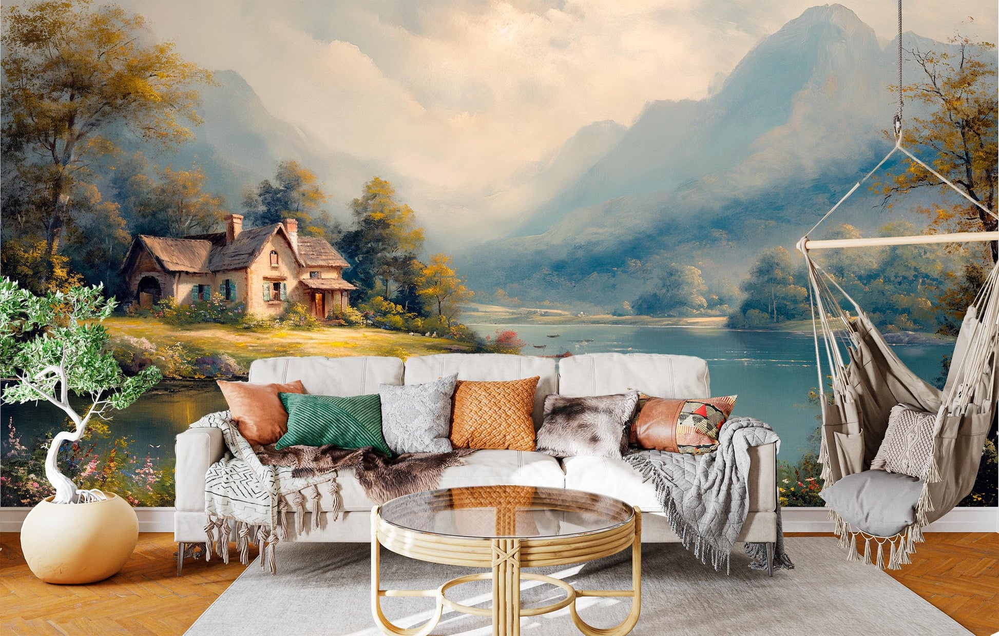 Woodland Path Golden Light Wallpaper – room setting, Golden Era Walls