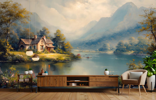 Woodland Path Golden Light Wallpaper – lifestyle view, Golden Era Walls
