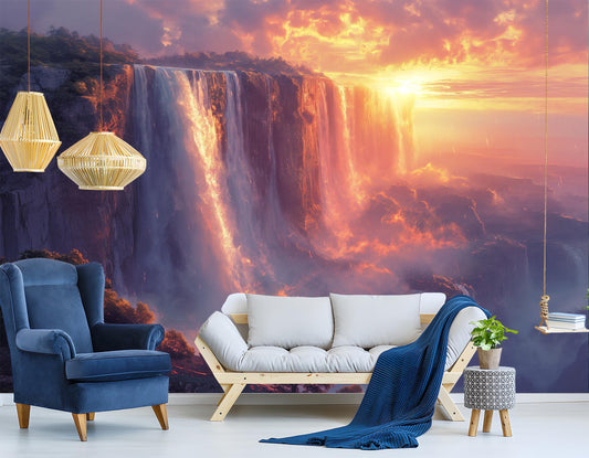 Waterfalls at Sunset Art Coastal Wallpaper – detail view, Golden Era Walls