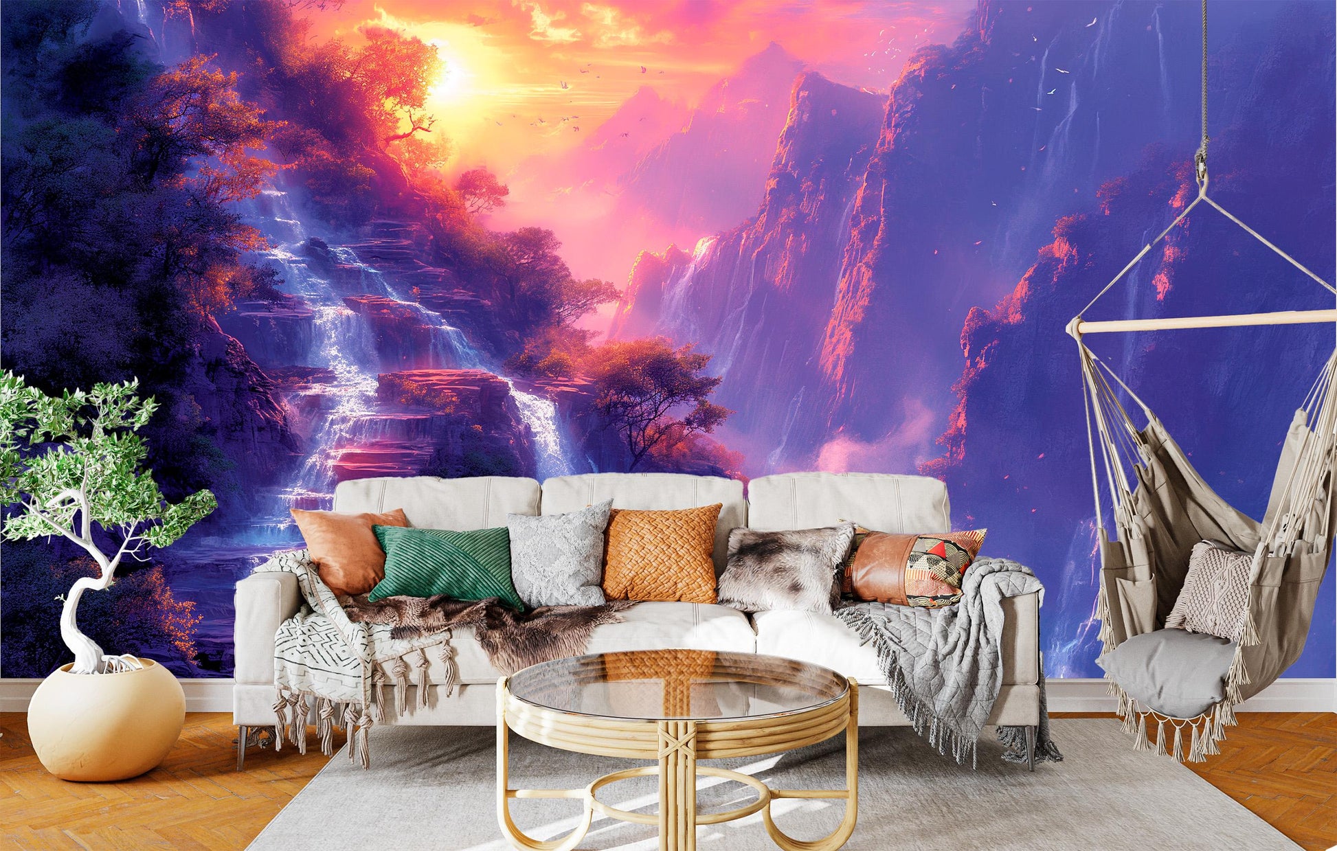 Vivid Nature Sunset Waterfall Coastal Wallpaper – room setting, Golden Era Walls