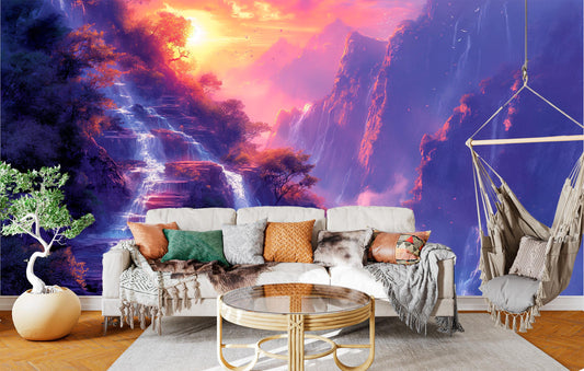 Vivid Nature Sunset Waterfall Coastal Wallpaper – room setting, Golden Era Walls