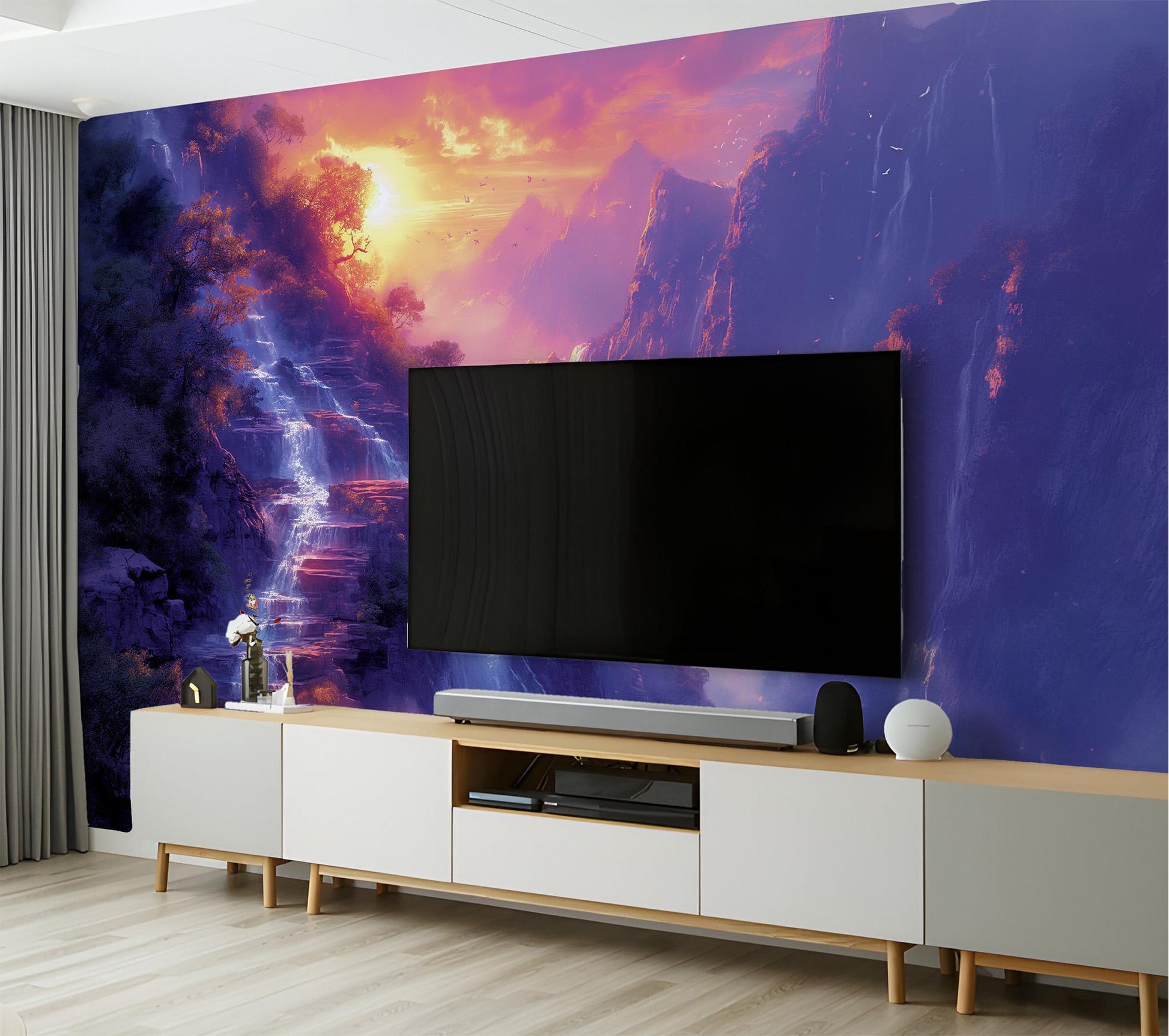 Vivid Nature Sunset Waterfall Coastal Wallpaper – detail view, Golden Era Walls