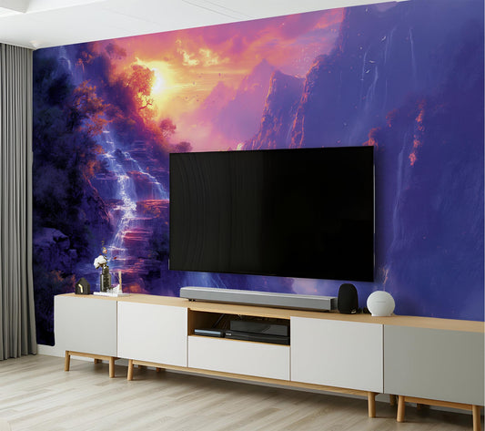 Vivid Nature Sunset Waterfall Coastal Wallpaper – detail view, Golden Era Walls
