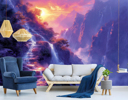Vivid Nature Sunset Waterfall Coastal Wallpaper – lifestyle view, Golden Era Walls
