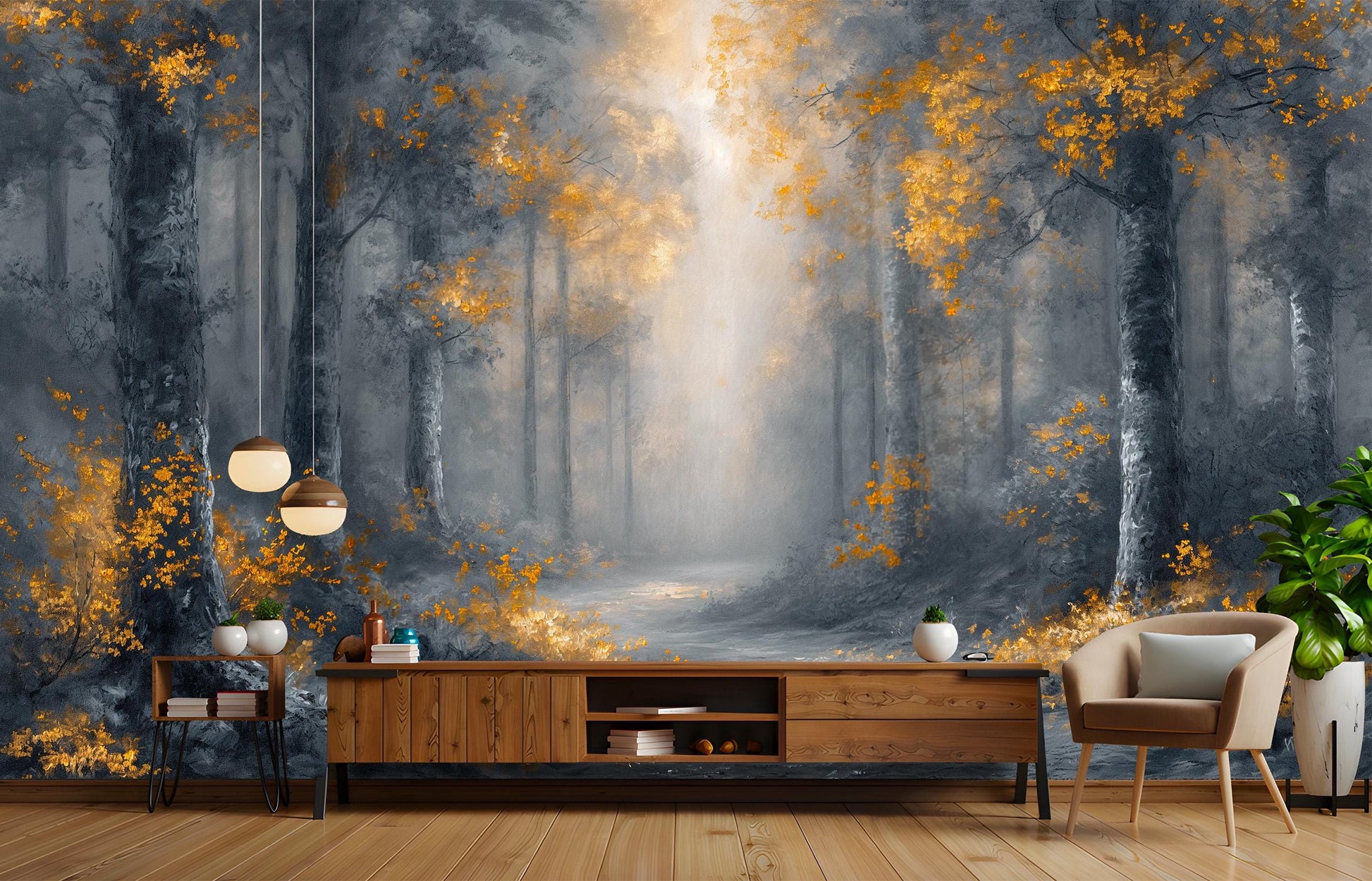 Vintage Coastal Village Boats Coastal Wallpaper – room setting, Golden Era Walls