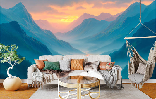 Valley at Sunrise Perfect Wallpaper – lifestyle view, Golden Era Walls