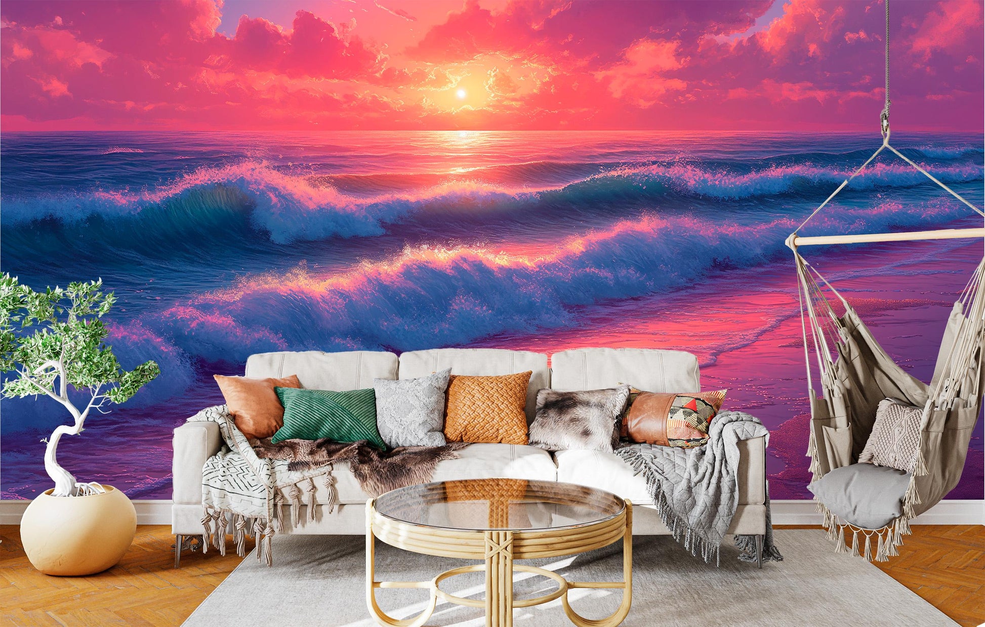 Sunset Ocean Waves Coastal Wallpaper – peel and stick wallpaper mural, Golden Era Walls