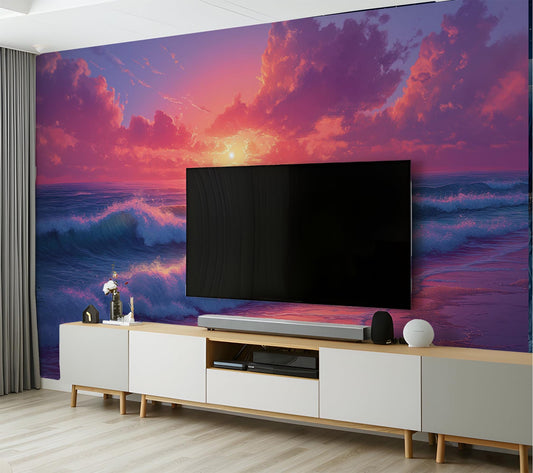 Sunset Ocean Waves Coastal Wallpaper – detail view, Golden Era Walls