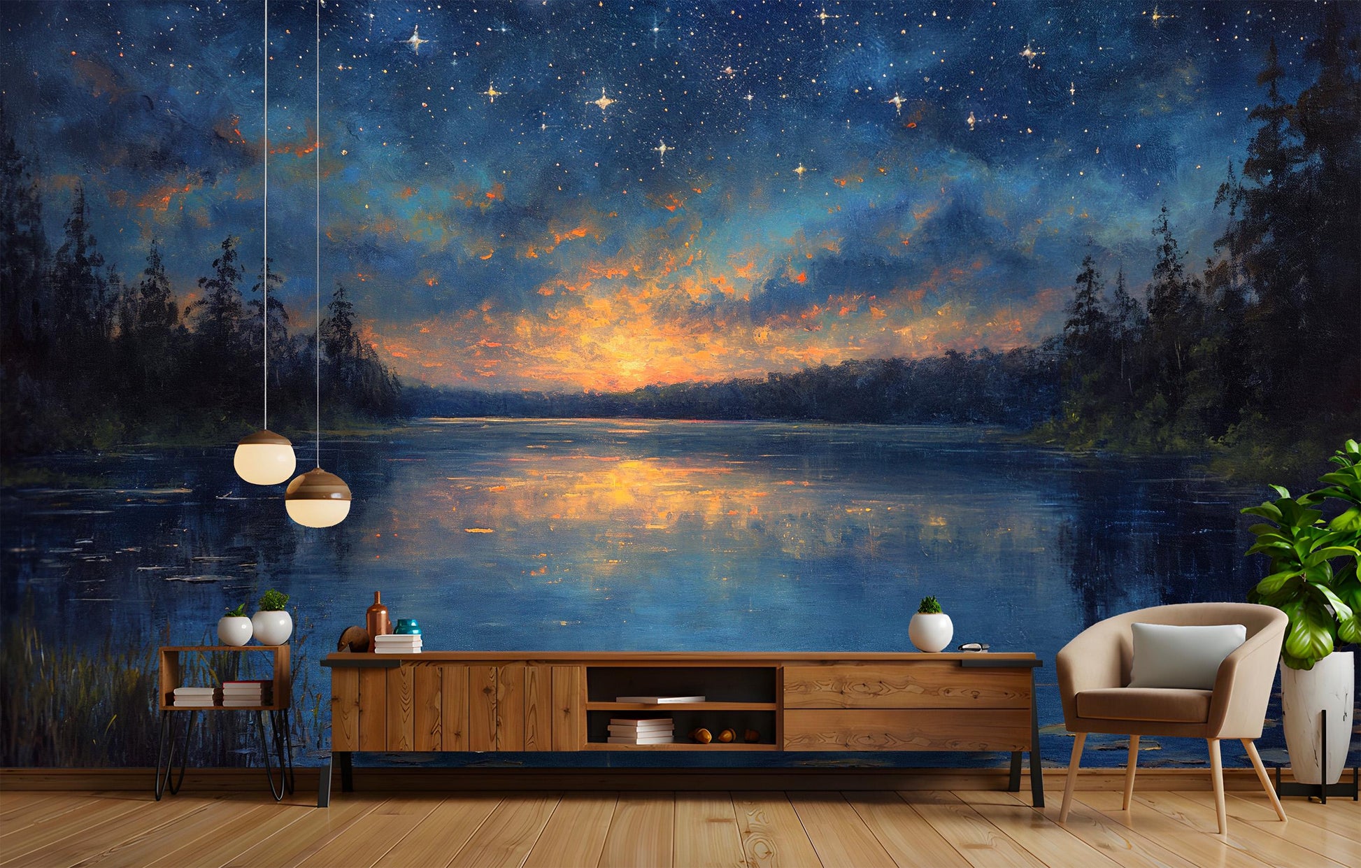 Twilight Lake Reflection Non Wallpaper – room setting, Golden Era Walls