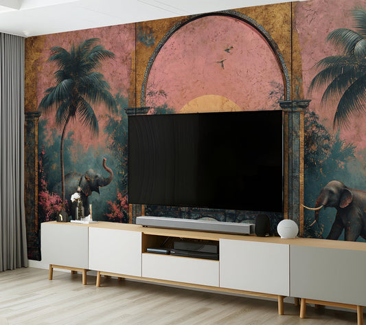 Tropical Jungle Elephant Scene Tropical Wallpaper – detail view, Golden Era Walls