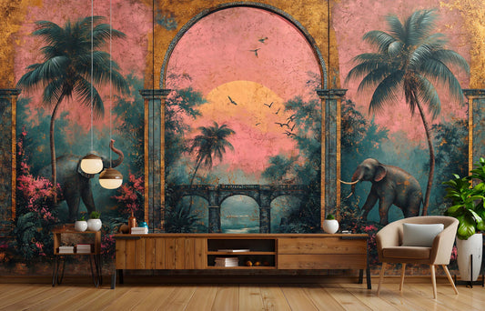 Tropical Jungle Elephant Scene Tropical Wallpaper – room setting, Golden Era Walls