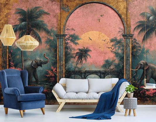 Tropical Jungle Elephant Scene Tropical Wallpaper – lifestyle view, Golden Era Walls