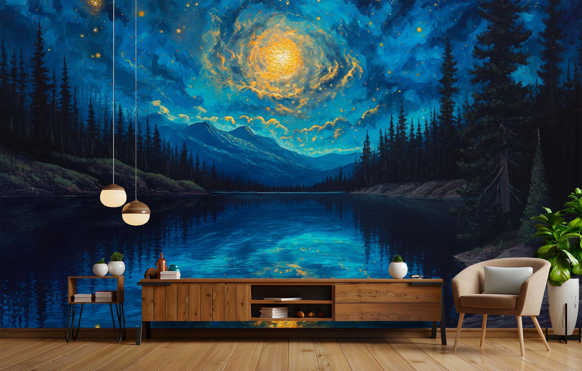 Swirling Night Sky Lake Wallpaper – lifestyle view, Golden Era Walls
