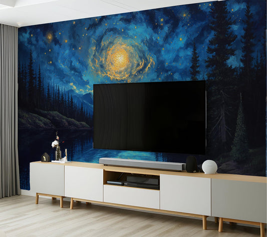 Swirling Night Sky Lake Wallpaper – room setting, Golden Era Walls