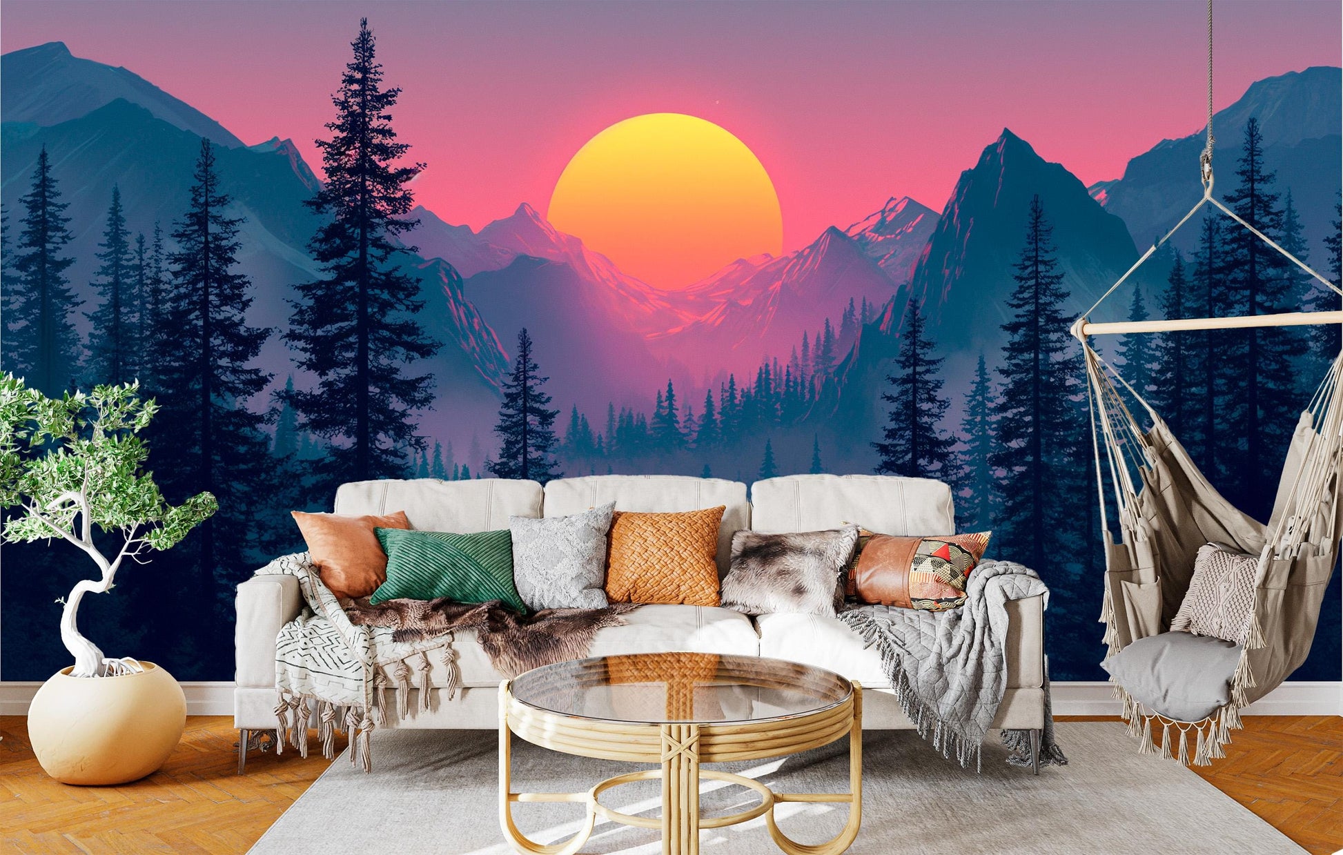 Sunset Over Pine Forest Wallpaper – room setting, Golden Era Walls