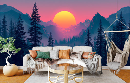 Sunset Over Pine Forest Wallpaper – room setting, Golden Era Walls
