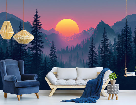 Sunset Over Pine Forest Wallpaper – lifestyle view, Golden Era Walls