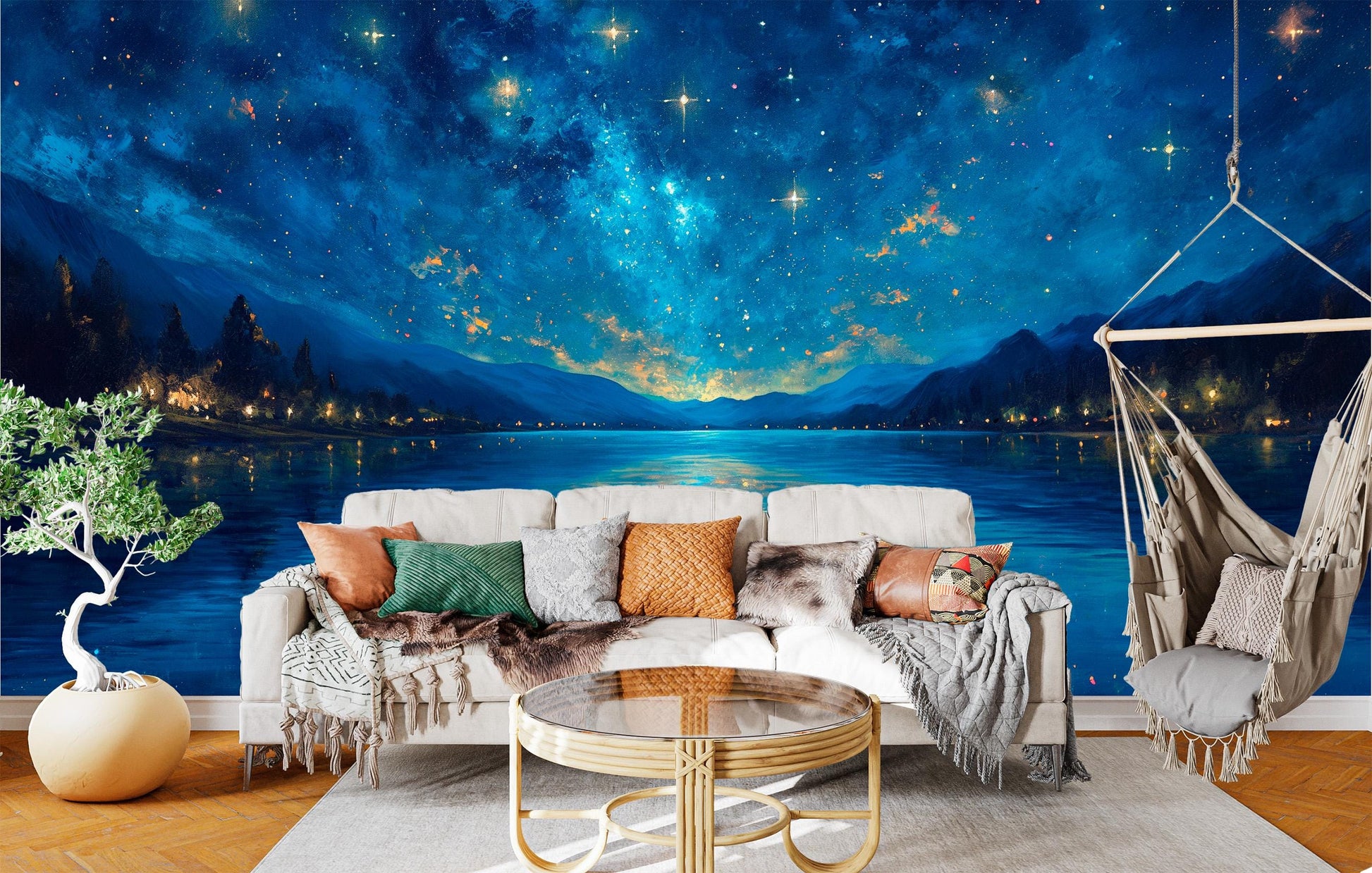 Starry Night Lake Art Wallpaper – lifestyle view, Golden Era Walls