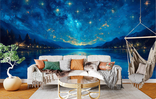 Starry Night Lake Art Wallpaper – lifestyle view, Golden Era Walls