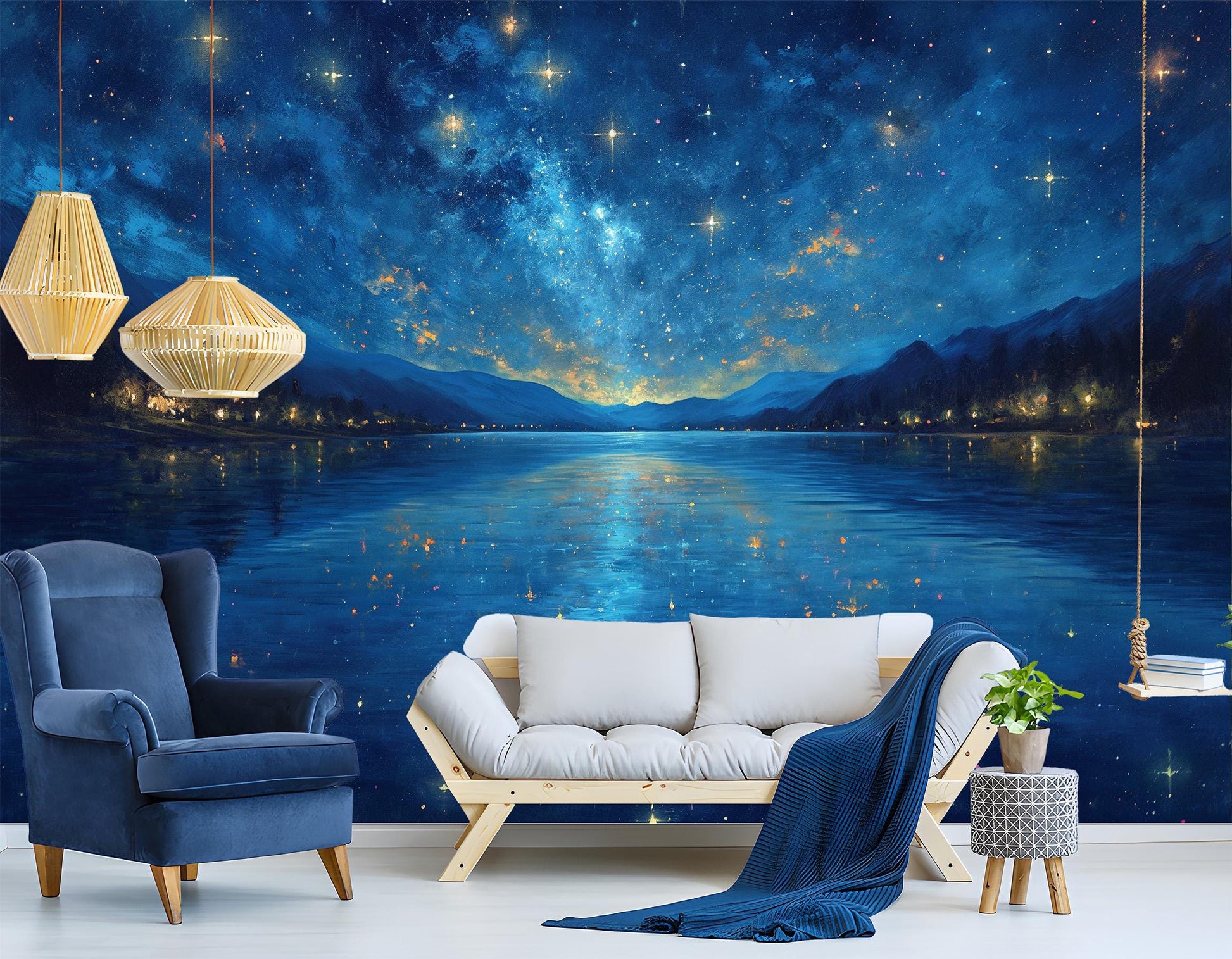 Starry Night Lake Art Wallpaper – room setting, Golden Era Walls