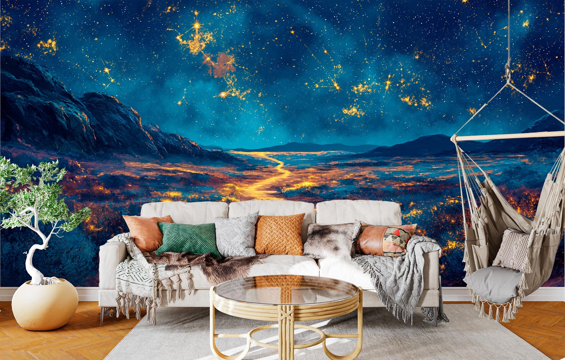 Starry Night Desert Path Wallpaper – room setting, Golden Era Walls