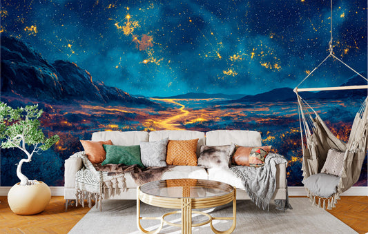 Starry Night Desert Path Wallpaper – room setting, Golden Era Walls