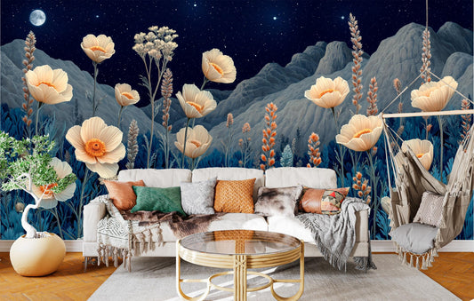 Starry Night Desert Flowers Floral Wallpaper – detail view, Golden Era Walls