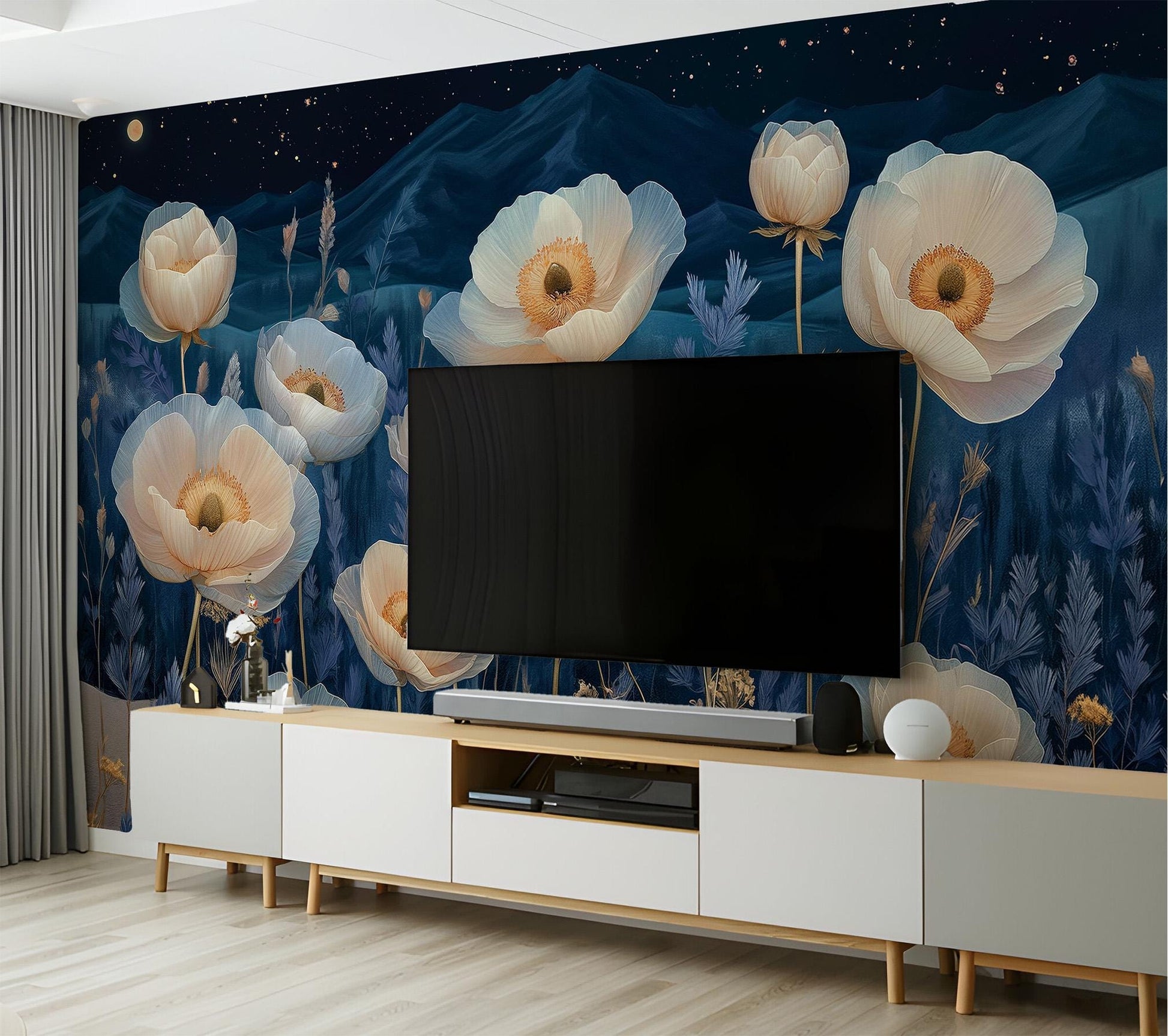 Starry Night Desert Flowers Floral Wallpaper – detail view, Golden Era Walls
