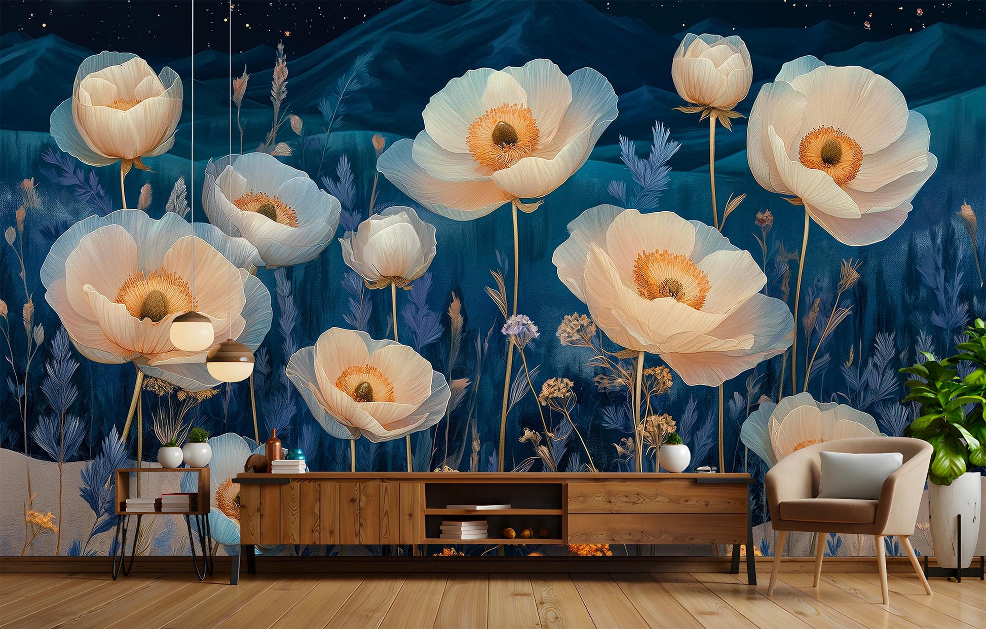 Starry Night Desert Flowers Floral Wallpaper – lifestyle view, Golden Era Walls